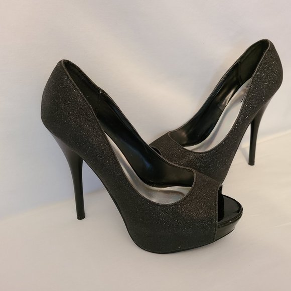 Fusion Peep Toe Black Glittery 5 inch Heels - Picture 3 of 4